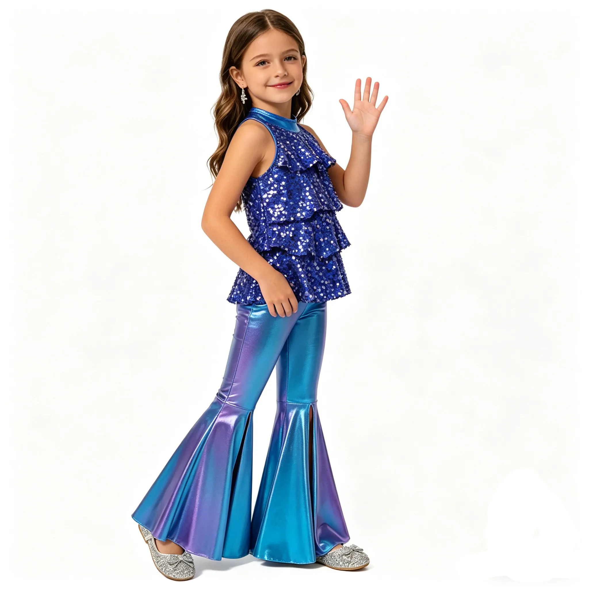 6-16Y Girls Shiny Jazz Dance Disco Performance Costume Halter Sequin Bodysuit Dress with Metallic Bell-Bottom Pants Dancewear