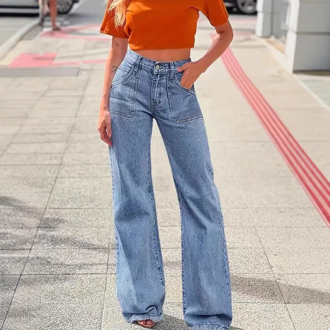 2026 Spring Summer New Vintage Frayed Hem Wide Leg Jeans Loose Big Pocket Jeans for Women