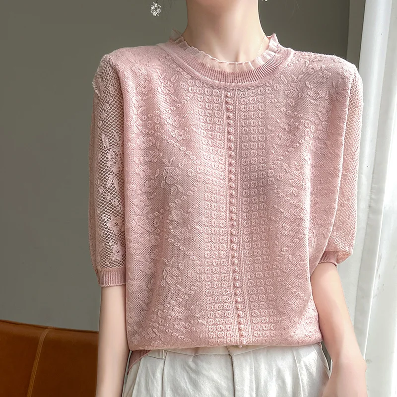 

Summer new lace openwork knitted short-sleeved women's round neck five-sleeve blouse loose pearl half-sleeve T-shirt