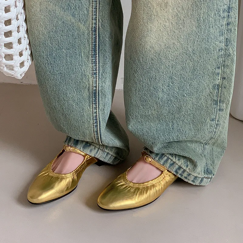 

MKKHOU Fashion Women's Shoes New High Quality Genuine Leather Shoes Round Head Folded Golden Mary Janes Shoes