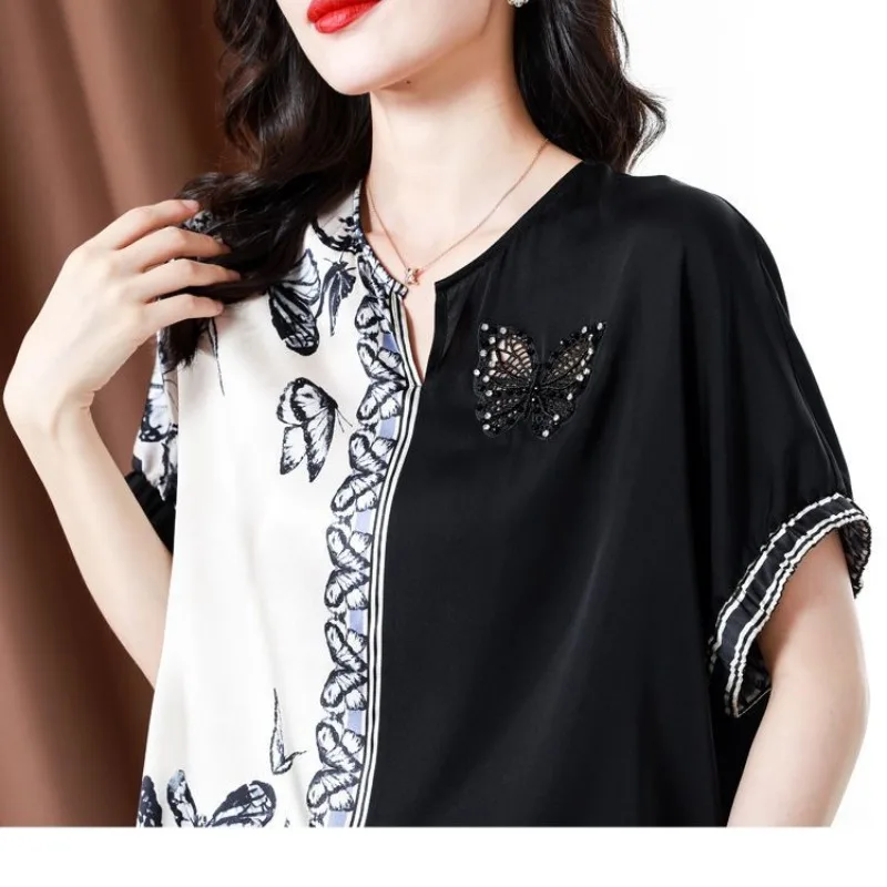 2024 Temperament Printed Patchwork Women's V-neck Fashion Commuting Versatile Short Sleeved Loose Silk Pullover Shirt Tops