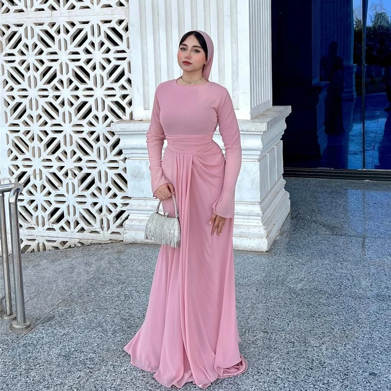 

Smileven Pink Chiffon Evening Dress A Line Scoop Neck Pleats Prom Party Dresses Elegant Simple Maxi Prom Gowns 2025 Customized