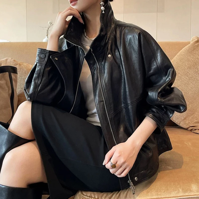 High Quality Sheepskin Women's Real Leather Jacket Vintage Oil Wax Distressing Female Lapel Motorcycle Leather Jacket Loose Coat