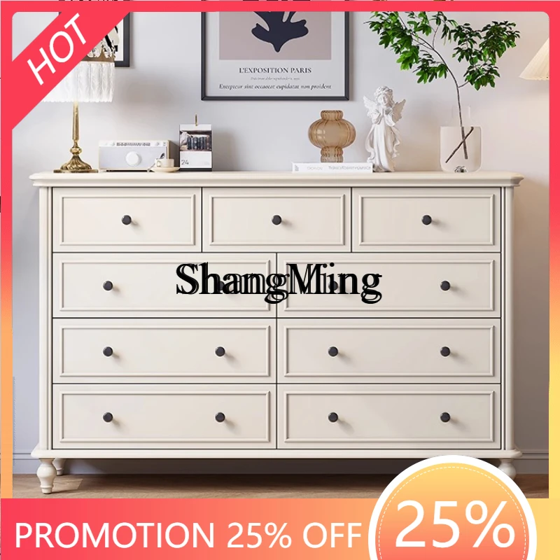 

SM Home Solid Wood Nine chest Cabinet Bedroom Bedside Locker Living Room Storage Cabinet against the Wall Cream