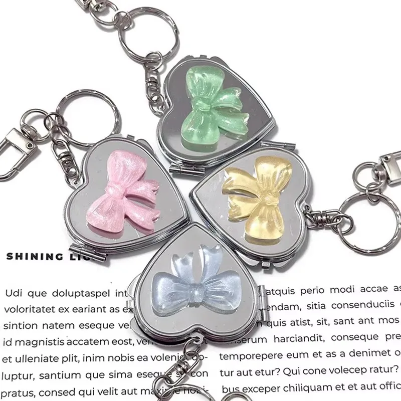 Heart Shape Bow Folding Mirror Keychain Charm Double Sided Love Cosmetic Mirror Key Holder Y2k Bag Pendant Trendy Decor Gifts