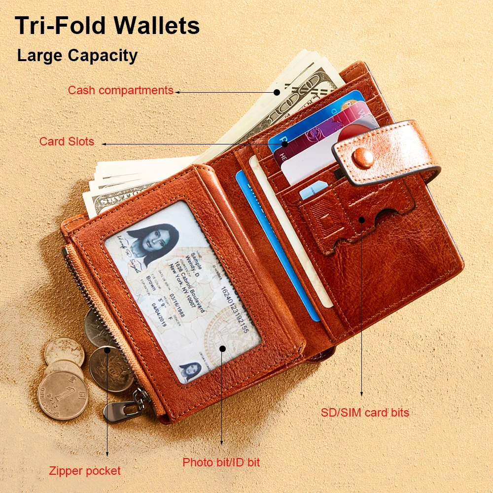 Vintage Men Genuine Leather Wallet RFID Blocking Trifold Short Multi Function Money clip Large Capacity Zipper Coin Purse