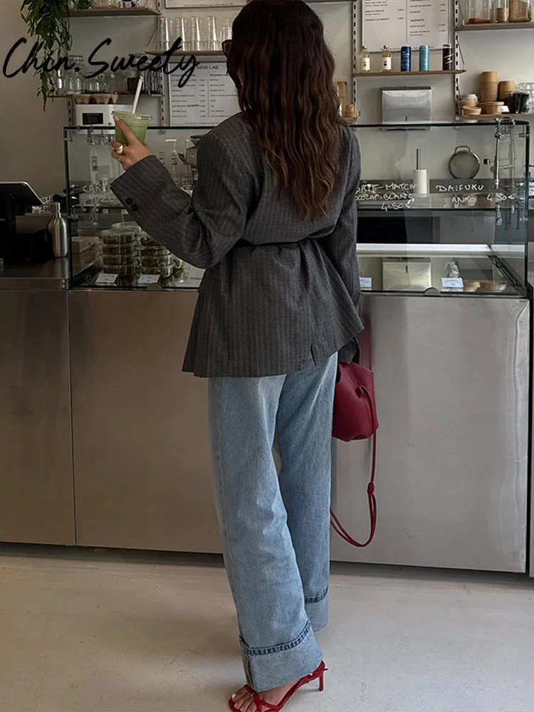 سترة نسائية مخططة غير رسمية معاطف نسائية بأكمام طويلة وياقة مقلوبة وجيب مزيف ملابس خارجية للسيدات لربيع وخريف 2025