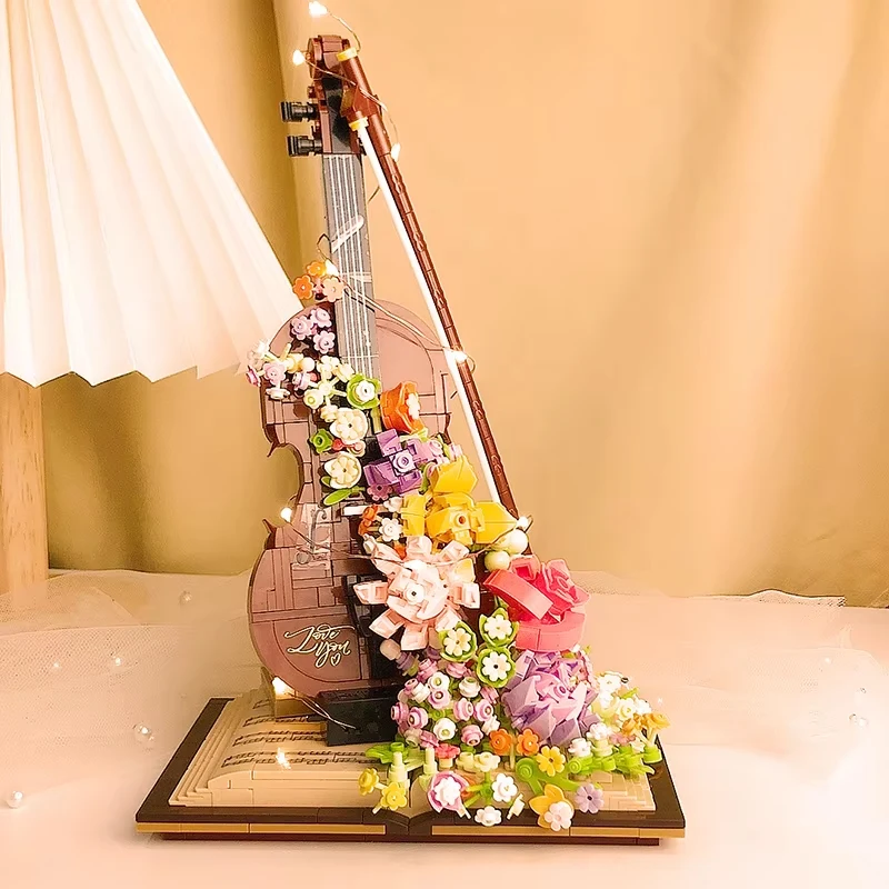950PCS/841PCS Flowers Piano And Flowers Violin Building Block Desktop Puzzle Blocks Ornaments Toys For Kids Adults Birthday Gift