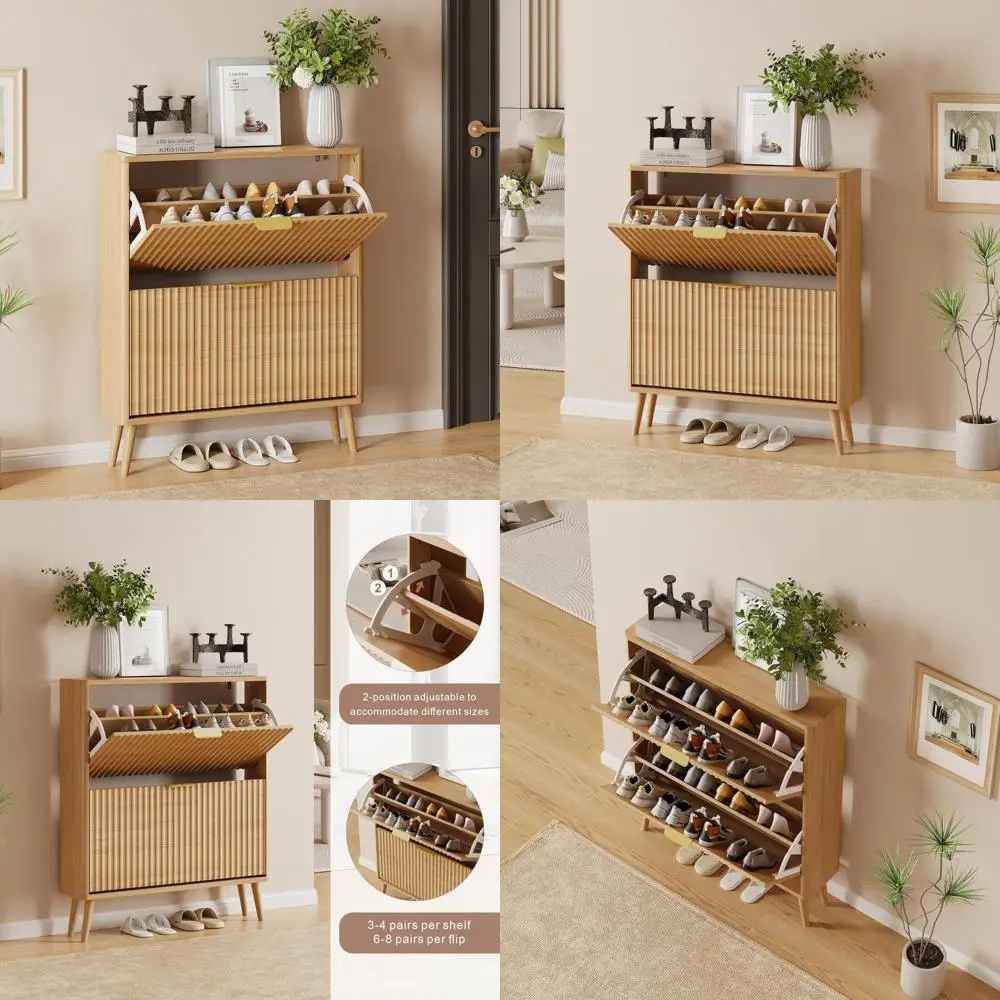 Freestanding Oak Shoe Organizer Cabinet for Entryway and Hallway Storage Solutions