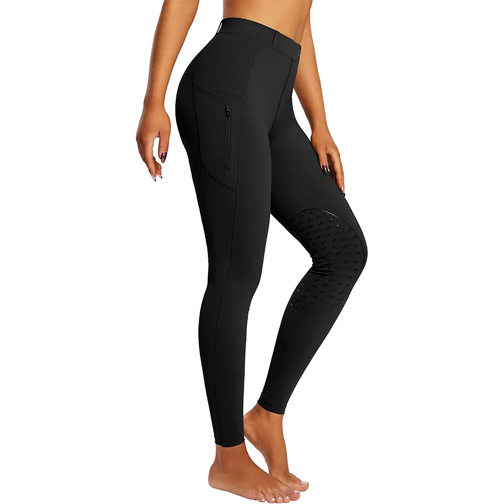 Pantalones de equitación para mujer Rodilleras de silicona Pantalones ajustados Bolsillos con cremallera Cintura alta Tuck para el vientre