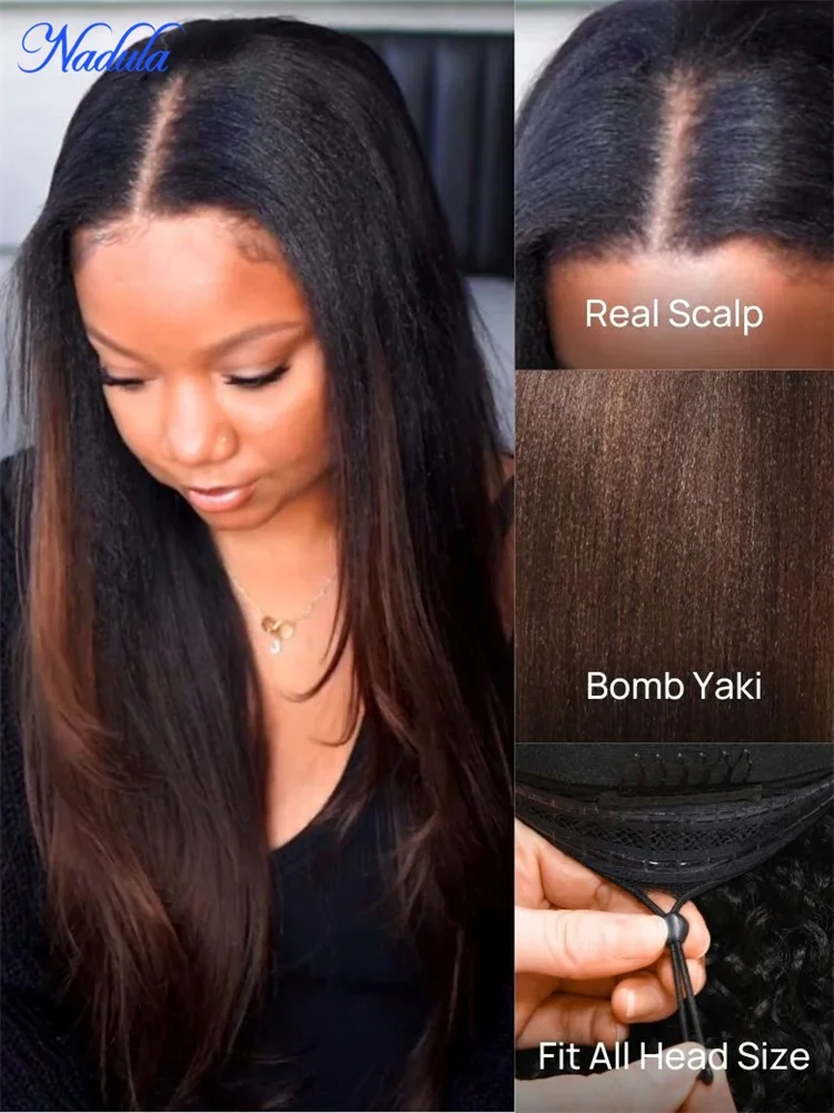 Nadula Chestnut Brown V Part Human Hair Wig Yaki Straight No Leave Out ScalpLook™ V Part Wig with Drawstring Ombre Color Natural Black Color 100% Human Hair Machine Made Wig No Tangle No Shedding Last More than 1 Year Suirtable for All Heads Size