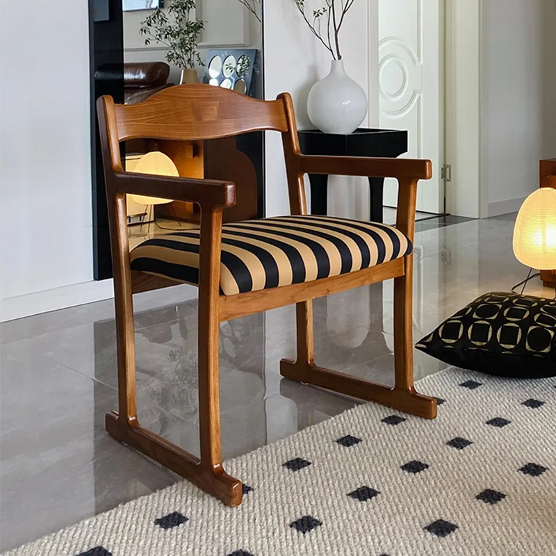 Medieval dining chair Solid wood desk chair Backrest stool Striped retro casual sofa Single chair