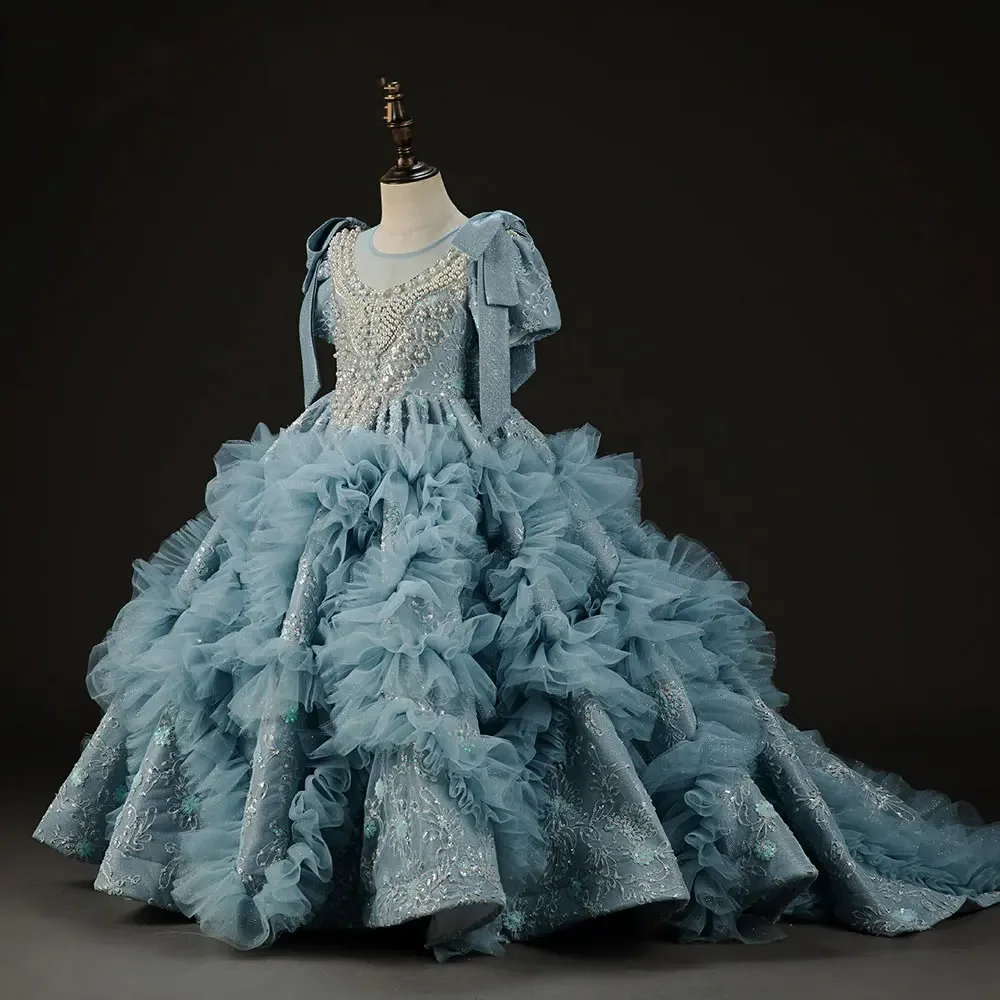 Light Blue Flower Girl Dress Ruffled Tulle Ball Gown Beaded Embellished Wedding Gown First Christmas Party Dress For Girlsفسا