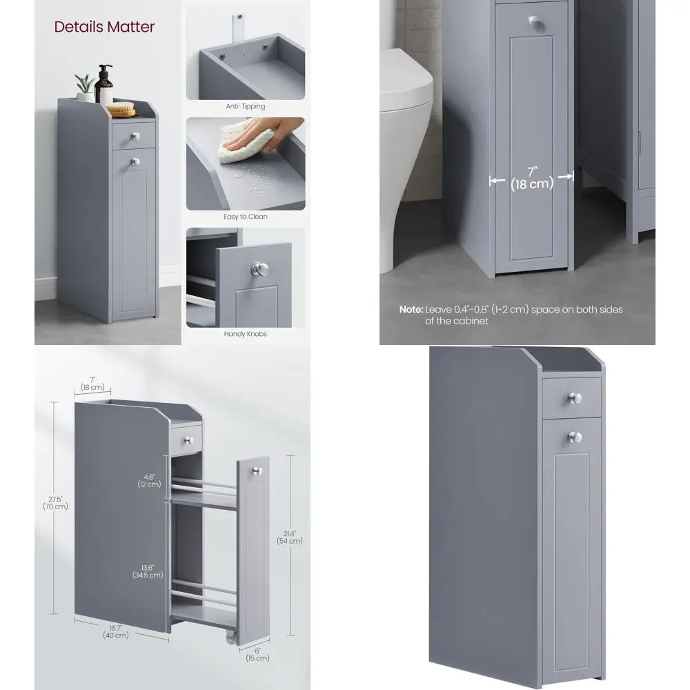 

Компактный тонкий шкаф для хранения с ящиками и держателем для туалетной бумаги, серый