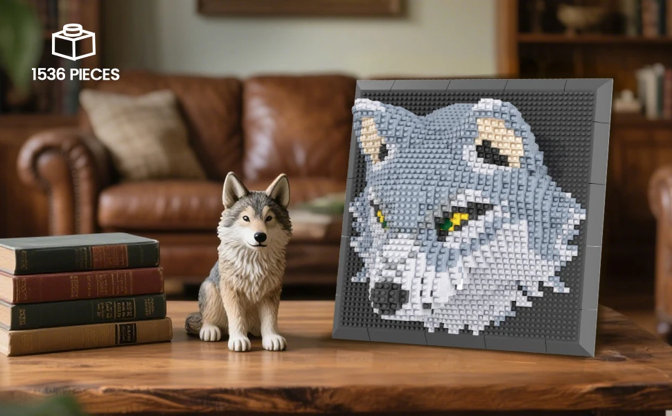 3D-Wandkunst-Set 'Wolf' aus Mikro-Mini-Bausteinen für Erwachsene, Einzigartige Wanddekoration oder Tischdisplay, Geburtstagsgeschenke – Detail 6