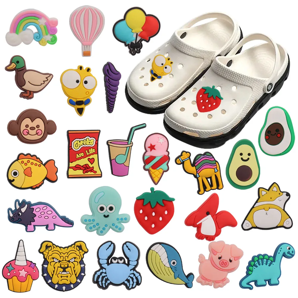 1pcs PVC Shoe Charms Dinosaur Dog Crab Rainbow Avocado Balloon Camel Strawberry Buckle Clog Wristbands Hole Slipper Decoration