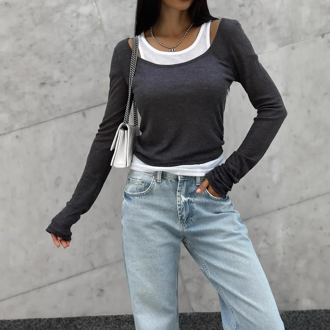 

Women's Fake Two-piece T-shirt Long-sleeved Slim Contrasting Color Lining T-shirt Fashionable Elegant Top Casual Tight Women's
