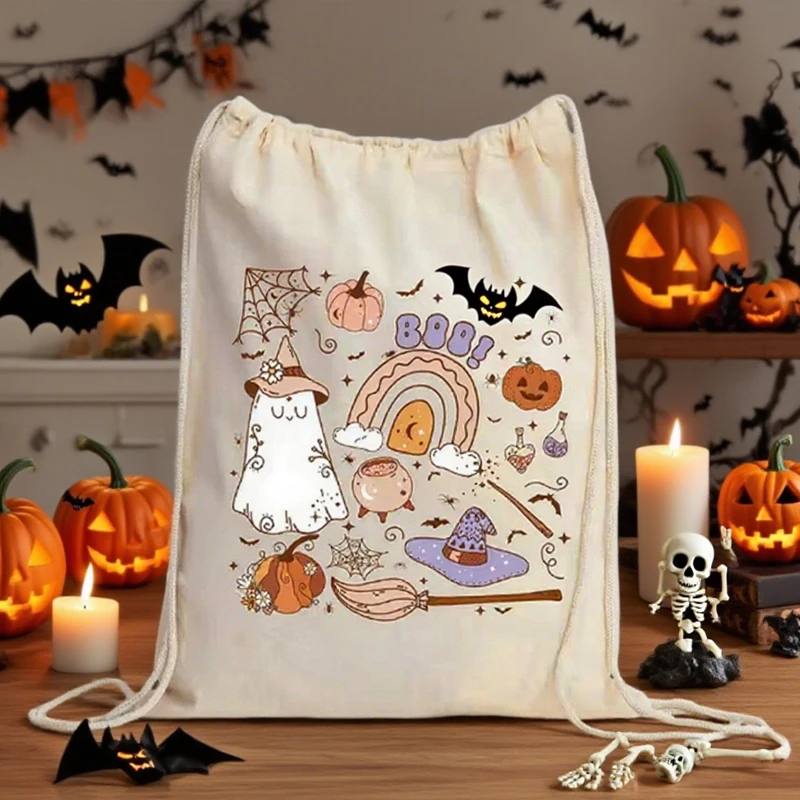 

Boo Halloween Cotton Drawstring Backpack Trick or Treat Gift Bag for Kids Witch Pumpkin Spooky Candy Bag Holiday Party Accessory