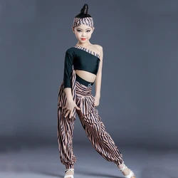 Children'S Latin Dance Practice Clothes Slanted Shoulder Zebra Pattern Latin Dance Pants Girls' Latin Performance Clothes SL4798