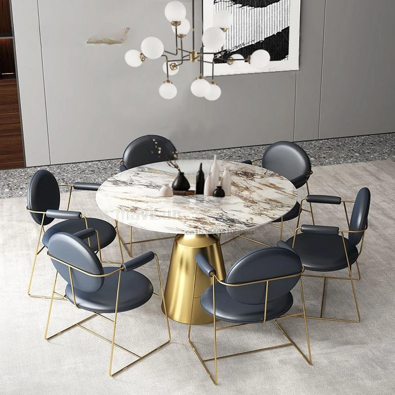 Golden Light Luxury Rock Board Dining Table And Chair Combination Small Apartment Home Simple Modern Negotiation Round Table