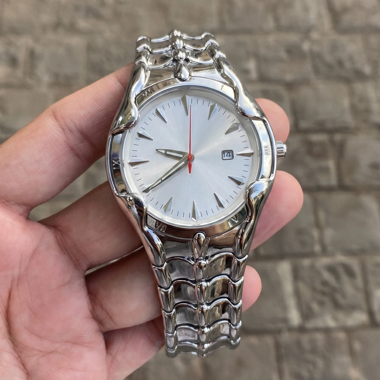 CILOA Mens Snake Shape Silver Quartz Watch White Dial Date Window Polished Stainless Steel Bracelet Fashion Casual Wristwatch