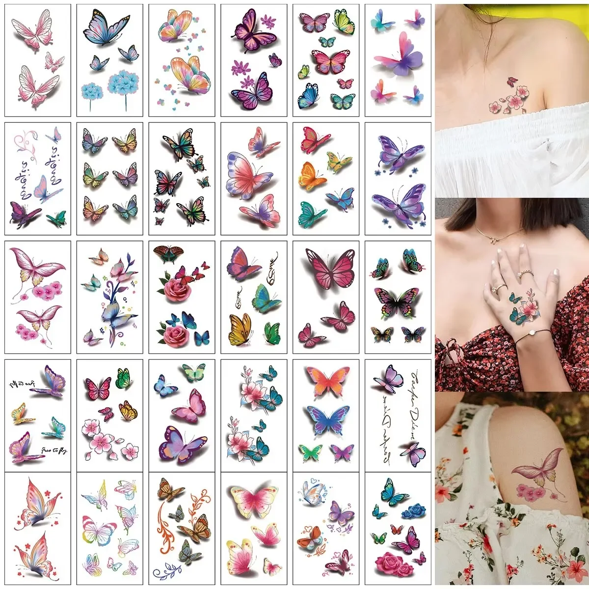 30PCS Waterproof Temporary Tattoo Sticker 3D colorful Butterfly  Fake Tatto Flash Tatoo body art Tato for Girl Women