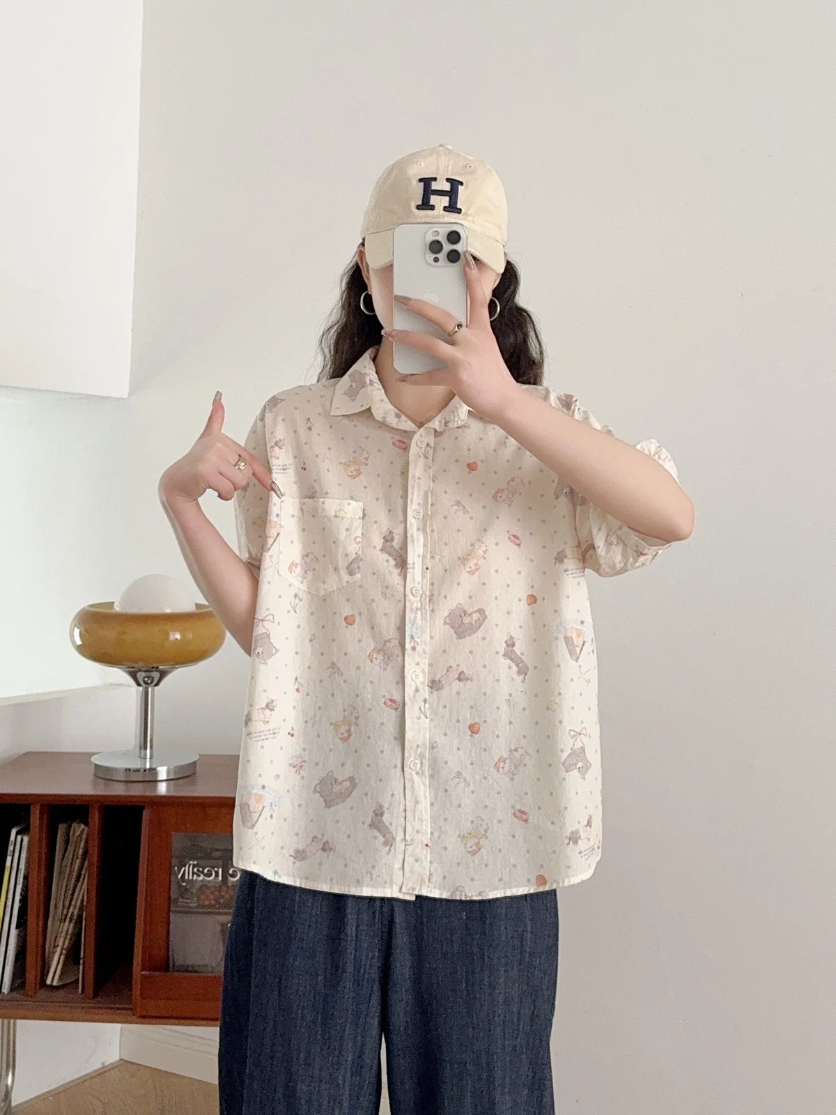 ใหม่2025ฤดูร้อนผ้าฝ้ายเสื้อแขนสั้นผู้หญิงTurn-Down Collarพิมพ์, Moriสาวหวานอายุลดเสื้อหลวมt57650CC