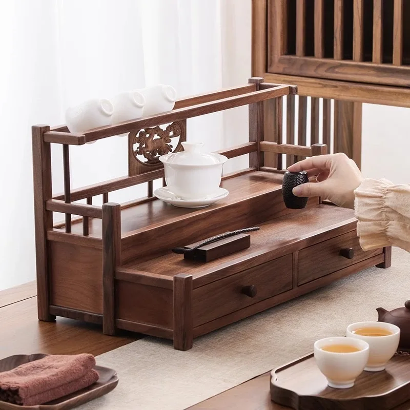 

Настольная стойка для хранения чайного сервиза, двухслойная стойка для богу из орехового дерева, китайский чайник из цельного дерева, сливная стойка для чайной чашки с фиолетовым песком