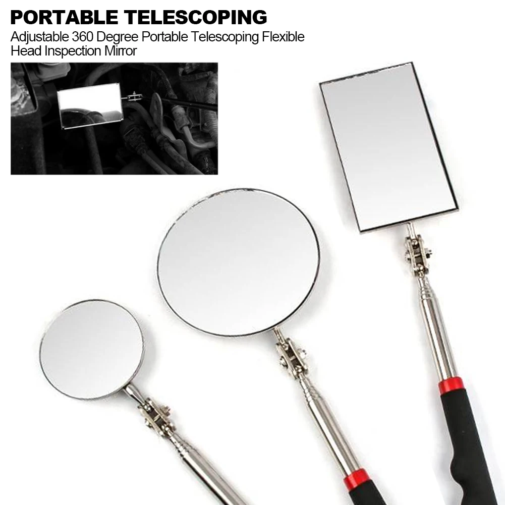 360 Retractable Telescopic Inspection Detection Lens Round Mirror Silver Pocket Clip New Car Tools Extend 7-1/4