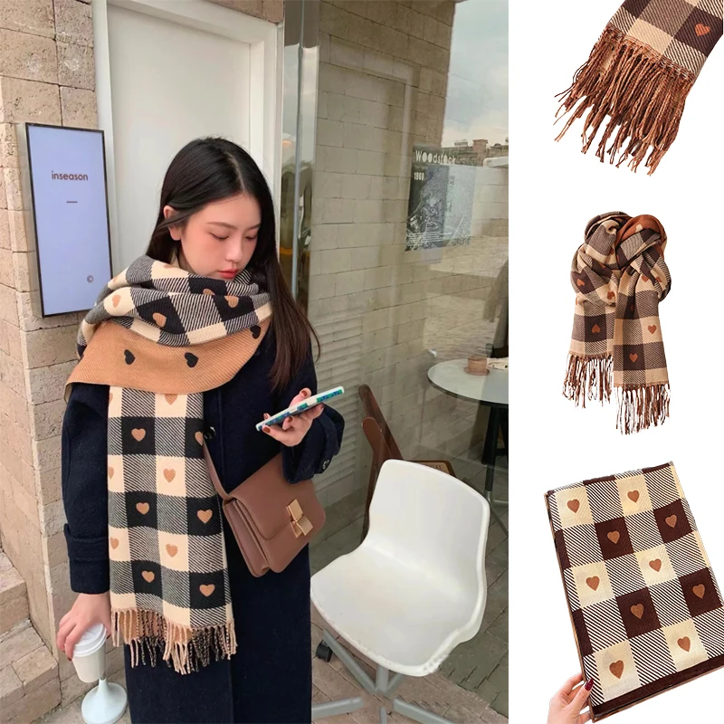 New Winter Luxury Plaid Scarf For Women Cashmere Knitted Heart-pattern Scarf Shawl Fashion Winter Thick Warm Tassel Scarves