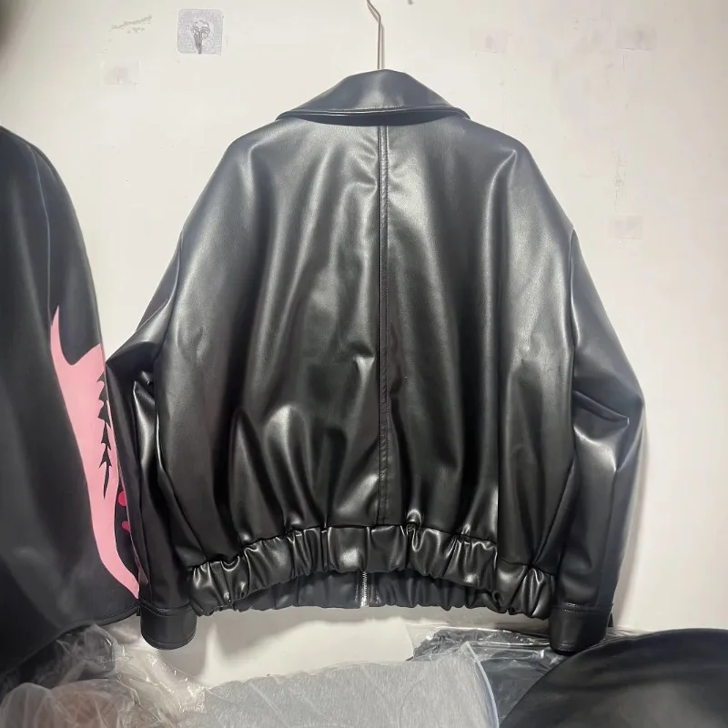 Women's Autumn Winter PU Leather Jacket Black New Fashion Turn-down Collar Slanted Pockets Leather Jacket Coat Comfortable Warm