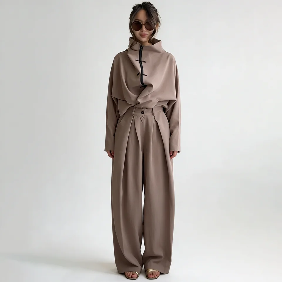 FANAN 2026 Woman Elegant Chinese Knot Two-Piece Set: High-Neck Zip Top & Wide-Leg Pants, Loose Fit For Commuting & Casual