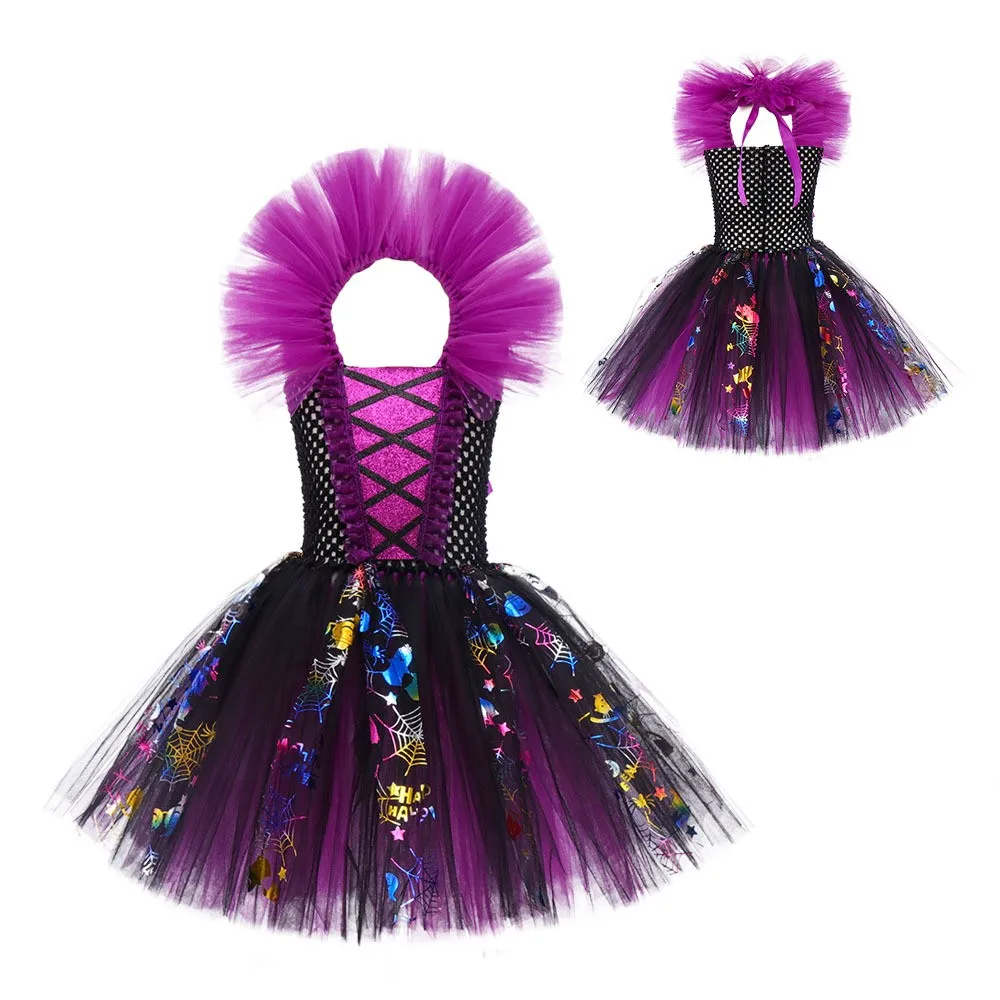 Halloween Carnival Witch Costume for Girls Color Sequin Lace Tutu Knee Dress With Hat Broom Baby Cosplay Party Outfit Led Set