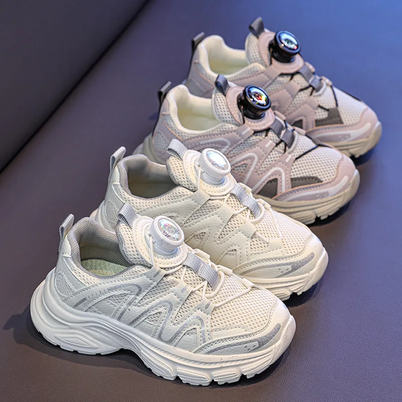 

Children Running Shoes Mesh Breathable Kids Sports Shoes Rotating Button 2025 Autumn New Boys Girls Casual Tennis Shoes Non-slip
