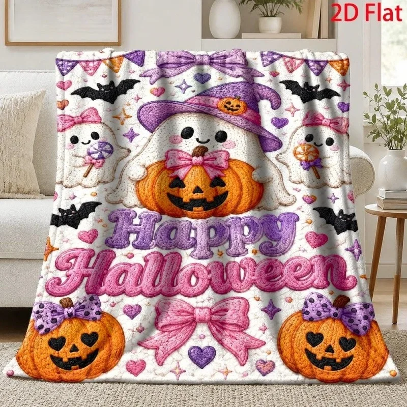 Pink Halloween Black Cat Ghost Pumpkin Flannel Throw Blanket, Bat Candy Corn Star Web Print Soft Warm Blanket for Sofa Bed Decor