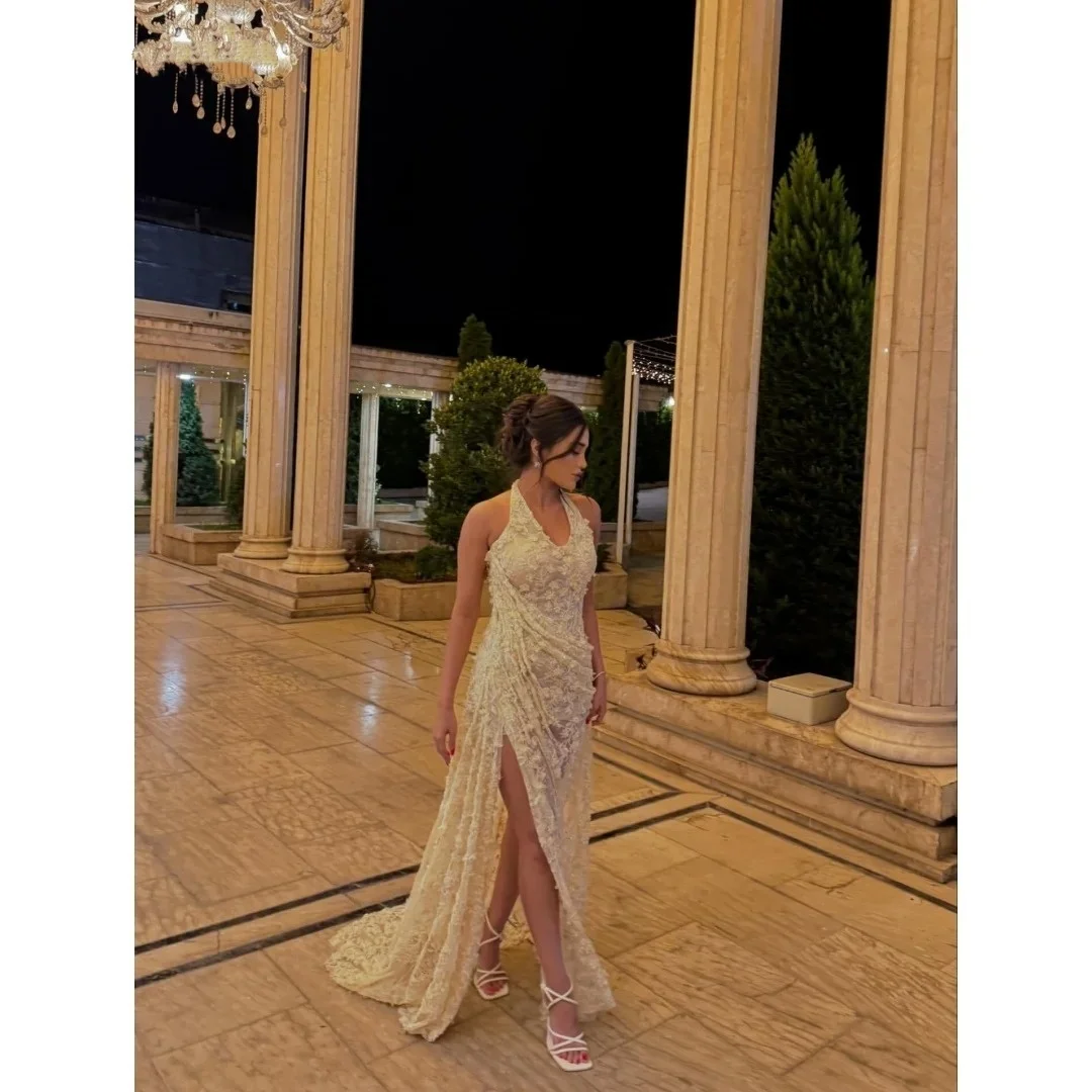 

2026 Champagne Halter Neck Prom Dress Side Slit Sleeveless vestidos de noche Floor-Length Lace Formal Evening Custom
