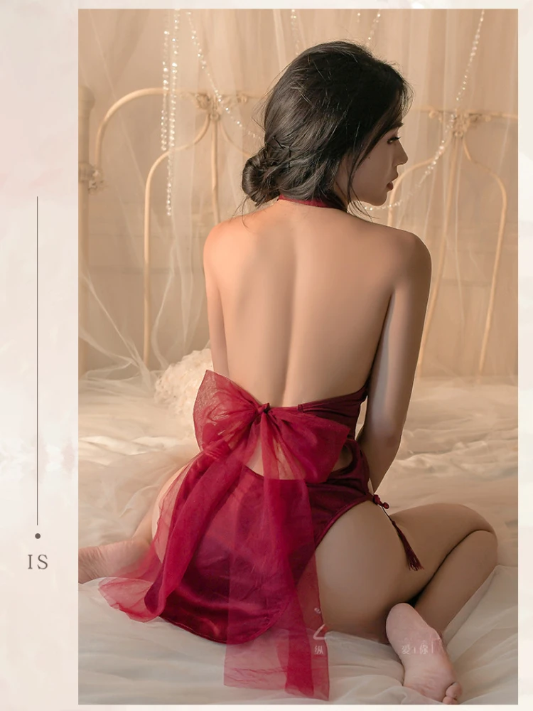 Sexy Antique Embroidered Cheongsam Hollowed-out Perspective Backless Dress Chinese Traditional Women Retro Improve Split Qipao