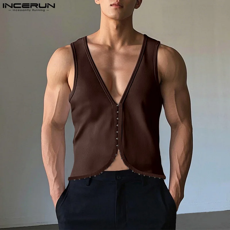 

INCERUN Men Tank Tops Solid Color V Neck Sleeveless Summer Men Clothing Tee Tops Streetwear 2025 Fashion Button Male Vests S-5XL