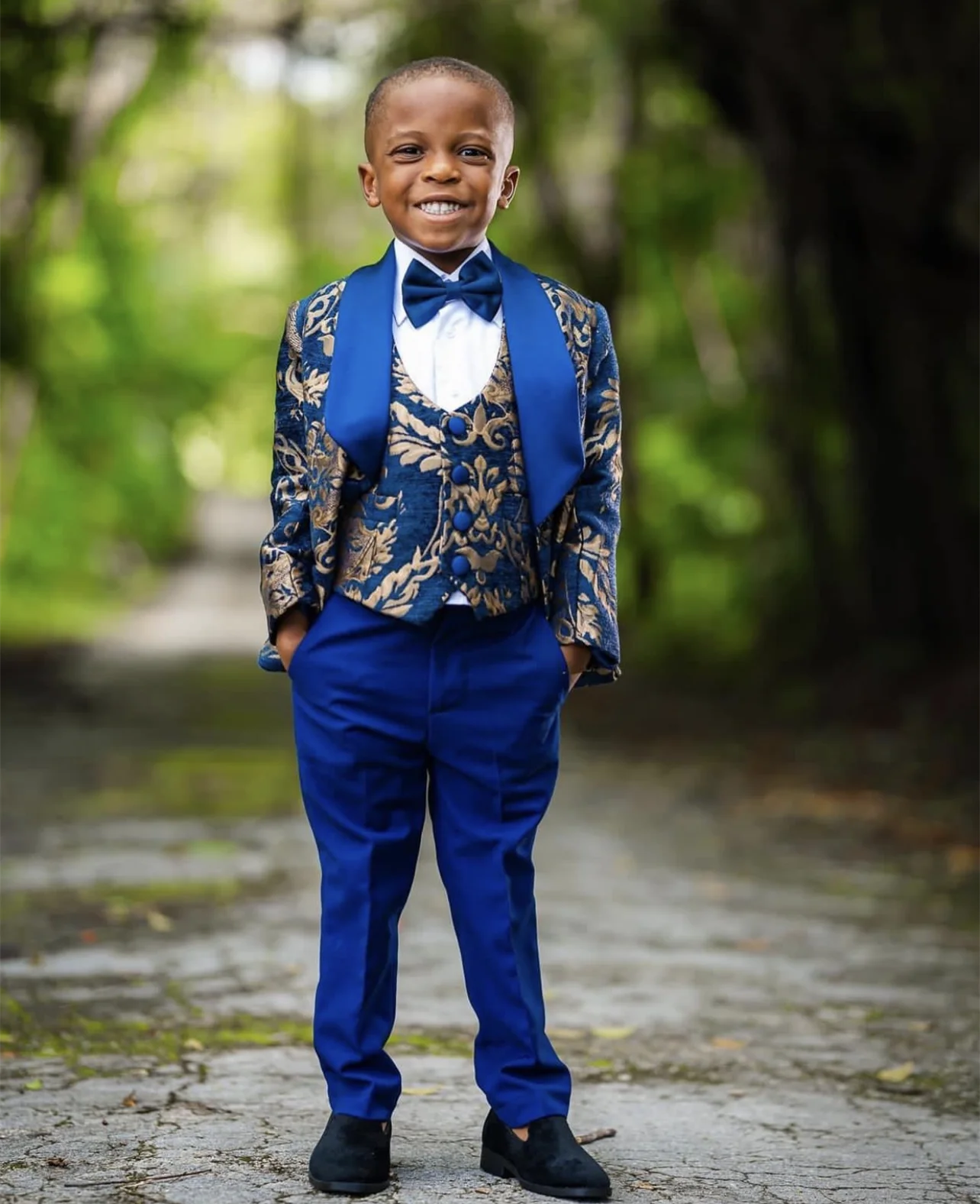 Boys' Performance Clothing Formal Wedding Tuxedo Navy Blue Floral Blazer Kids Prom Suits Formal Clothes Boy's Evening Dresses