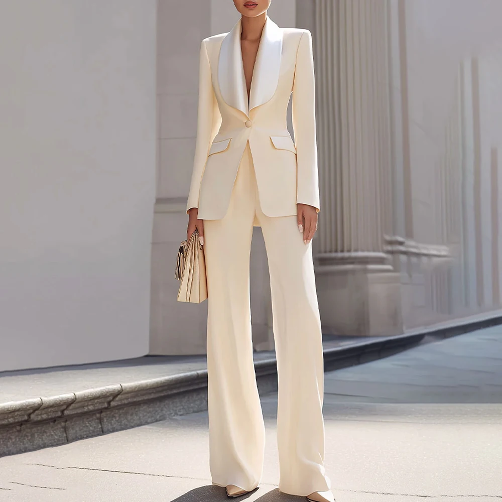 Beige Women's 2 Piece Suit Shawl Lapel One Button Slim Fit Formal Evening Party Pant Suit Long Sleeve Evening Dress Customized view 4