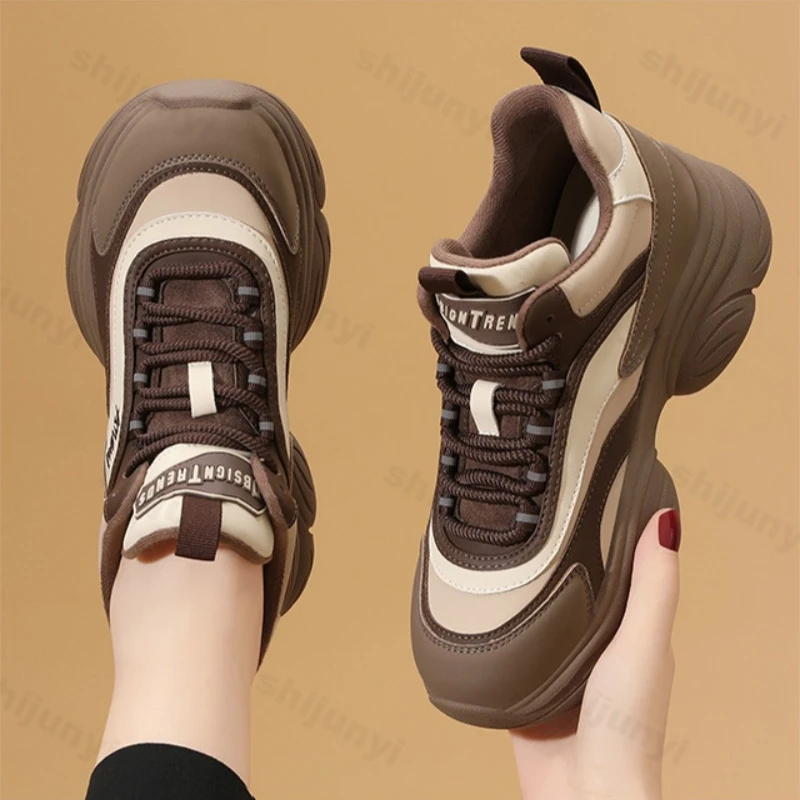 

Новинка 2025, нескользящая повседневная обувь на толстой подошве, женские весенние удобные легкие кроссовки на платформе со шнуровкой, увеличивающие рост