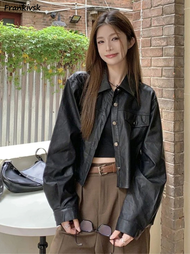 

PU Jackets Women Retro High Street Chic All-match Daily College Solid Cropped Outwear American Style Spring Long Sleeved Clothes