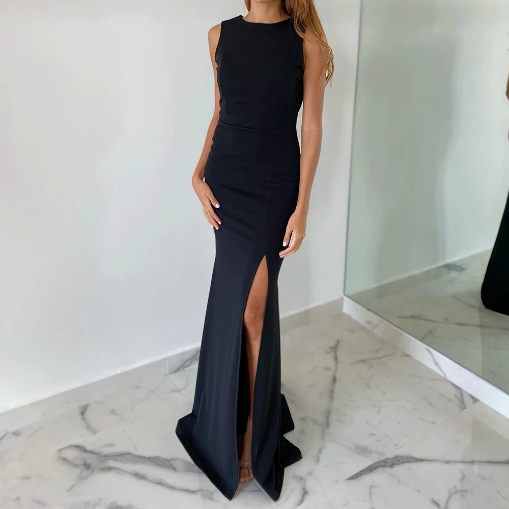 

Black Simple Strapless Jersey Straight Evening Dress Floor Length Classic Sleeveless Sweep Train Pleats Open Back Party Gowns