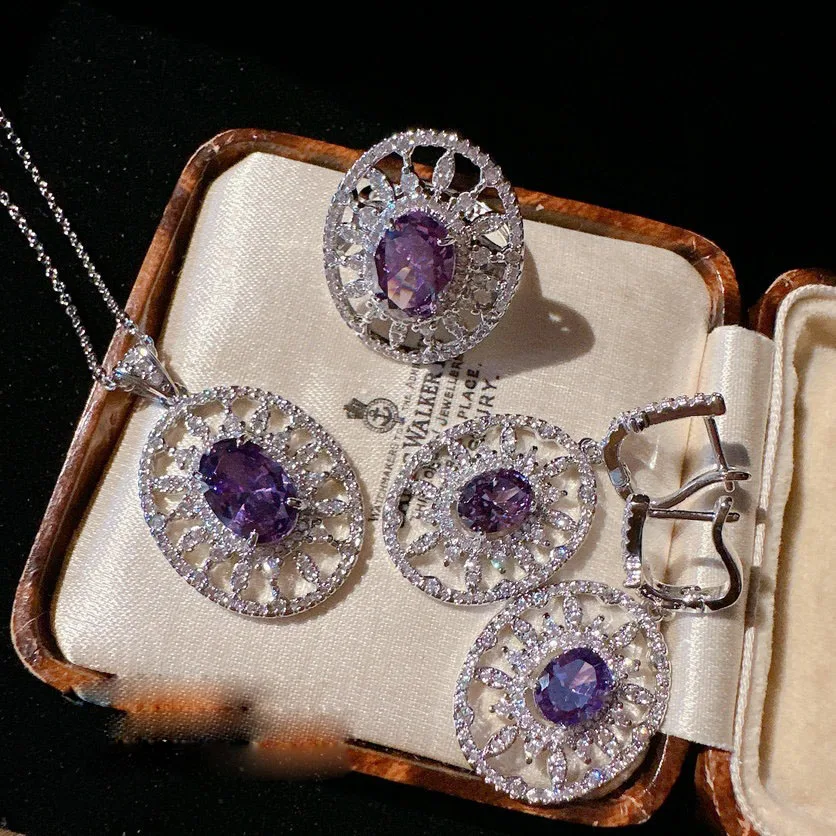 2023 Padparadscha iris purple gemstone garland necklace magnificently plated 18K gold vintage flower zircon earrings