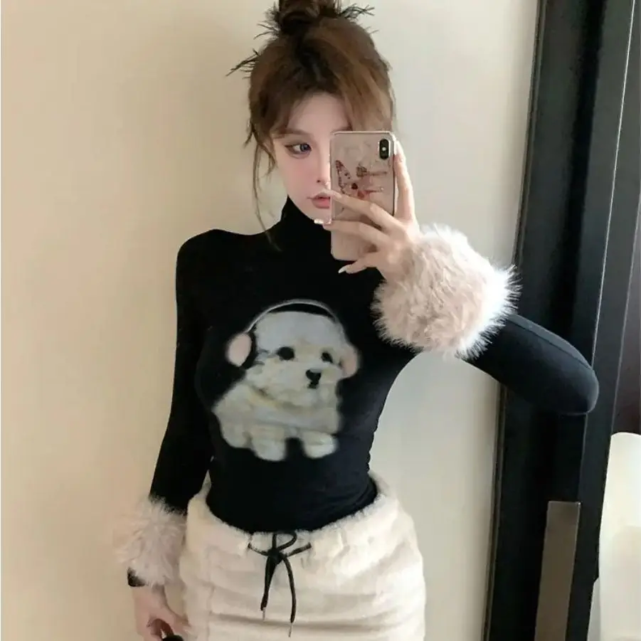 

Turtleneck Bottoming Shirt Retro Autumn Korean Version Sweet And Chic New Style Hot Girl Sexy Slim Cartoon Print Style