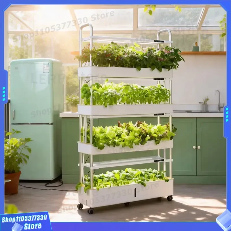 4 Tier Vertical Hydroponic Garden System with Water Saving Pump Mobile Rolling Rack for Leafy Vegetables Herbs and