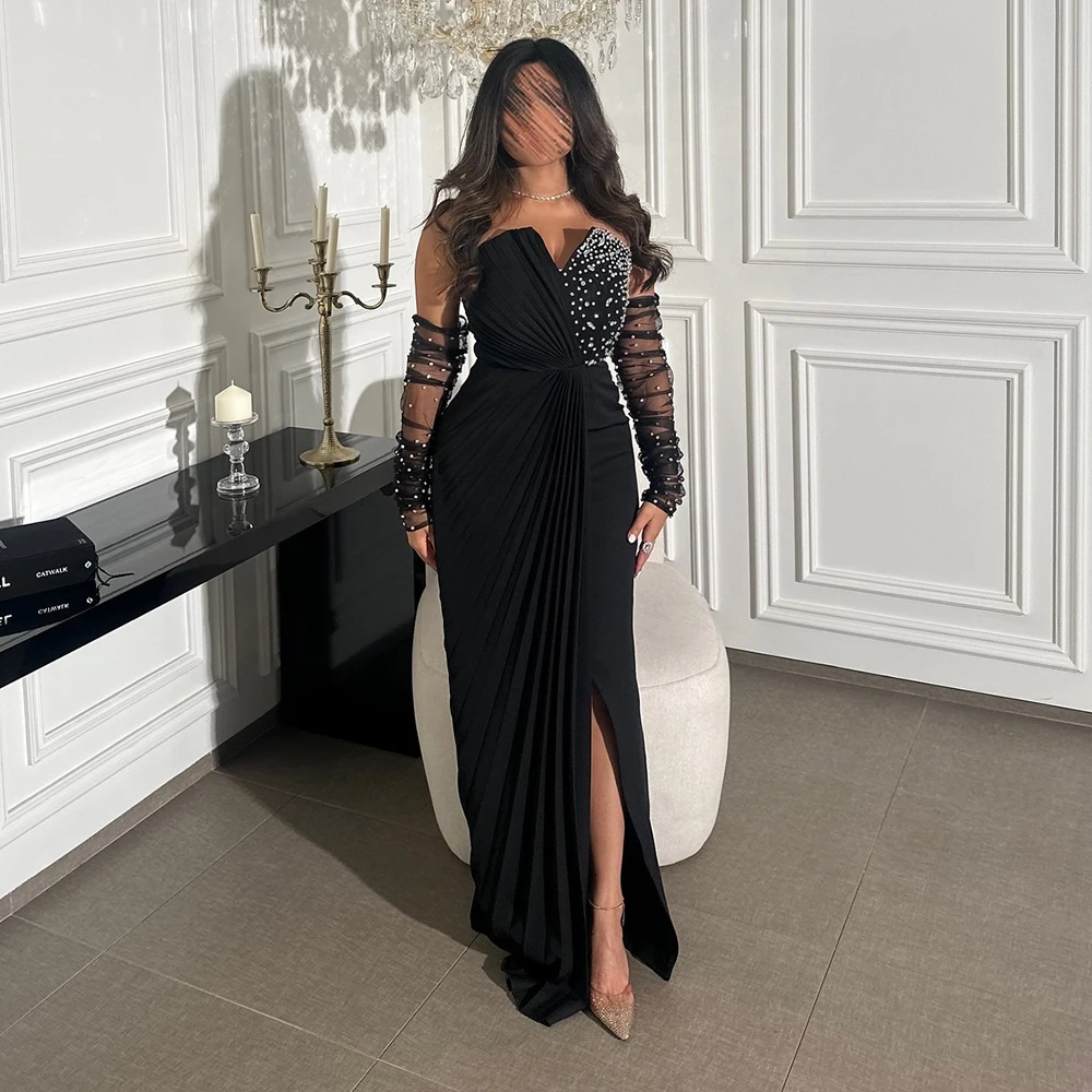 

Customized Strapless With Sparkly Crystal Evening Dress Jersey Sleeveless Draped Party Dress Split Floor Length Prom Gown