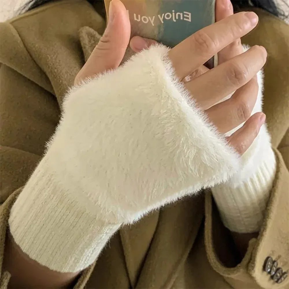 Soft Winter Half Finger Gloves Women Warm Luxury Solid White Plush Knitted Fingerless Gloves Wrist Mitten Writting winter gloves image 3