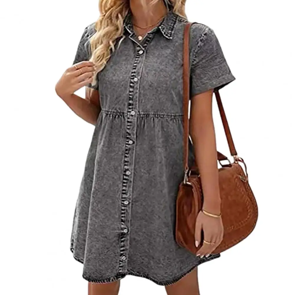 

Women Summer Dress Short Sleeves A-line Faux Denim Button-down Mini Dress Solid Color Lapel Patchwork Dress for Dating Commuting