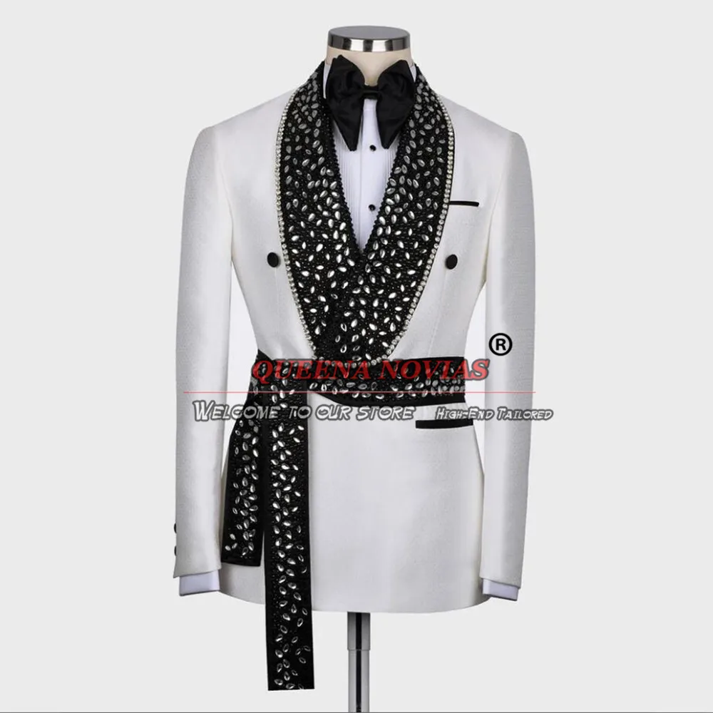 White Groom Wedding Tuxedo Pro Exclusive Embellished Jewelries Men's Suits Luxury Black Peaked Lapel Jacket Pants 2 Pieces Dress